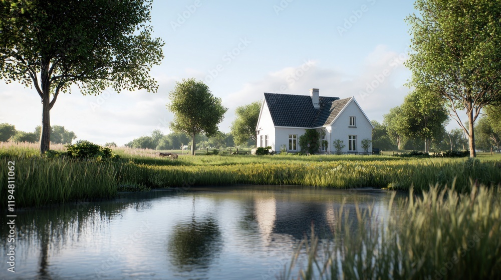 A serene house by a pond, surrounded by lush greenery. A serene house by a pond, surrounded by lush greenery.