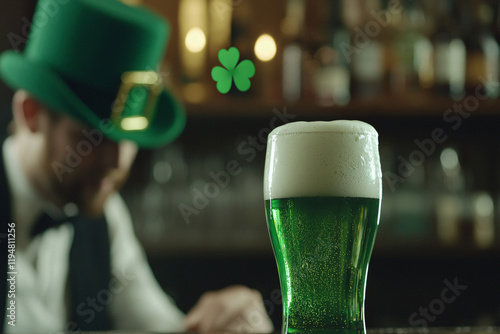 bartender pouring green draft beer, leprechaun hat askew, irish pub decor photo