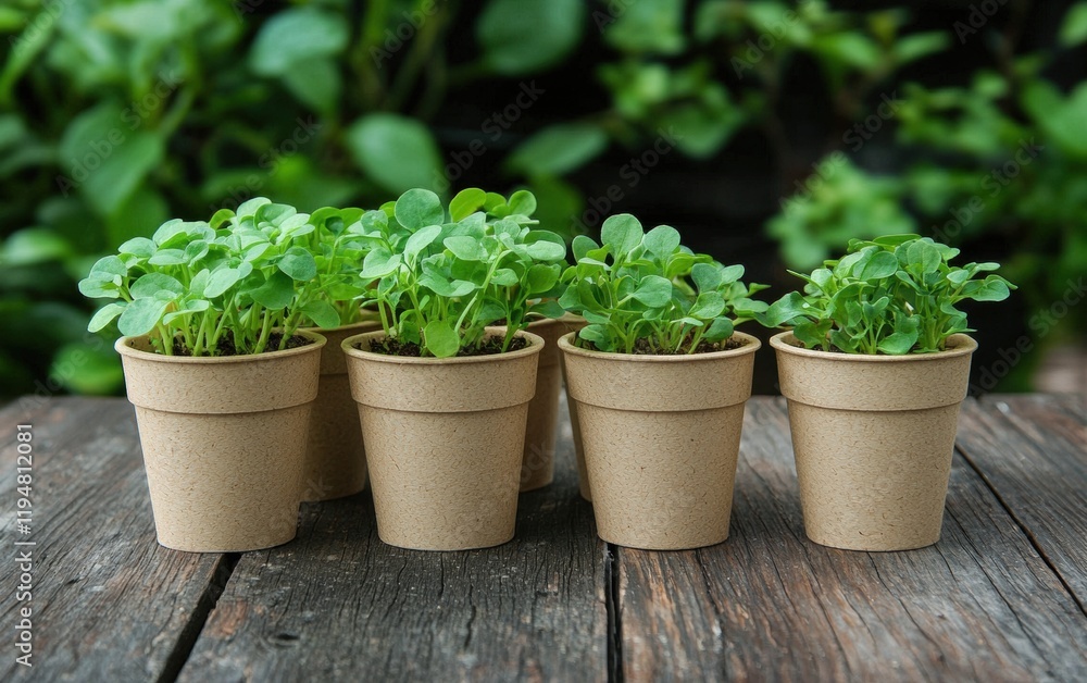 A set of biodegradable plant pots with fresh green seedlings, displayed on a wooden surface A set of biodegradable plant pots with fresh green seedlings, displayed on a wooden surface