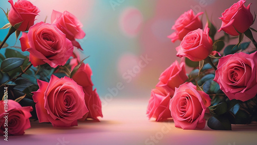 Red roses side of frame empty in center with soft background