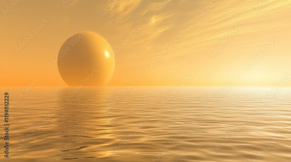 Golden Egg Rising Over Calm Ocean Waters Golden Egg Rising Over Calm Ocean Waters