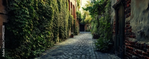 A hidden alleyway covered in ivy and cobblestones, exuding old-world charm, 4k photo. photo