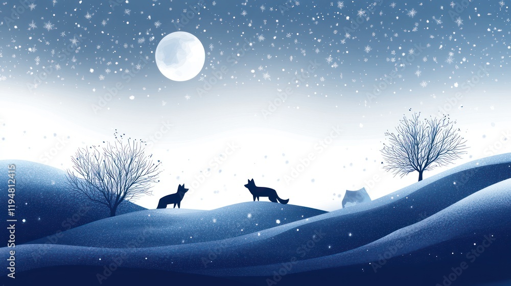 Snowy Night, Foxes on Hills, Winter Landscape, Moonlit Scene, Holiday Card Snowy Night, Foxes on Hills, Winter Landscape, Moonlit Scene, Holiday Card