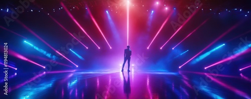 A high-energy concert scene with a lead singer performing under vibrant stage lights, 4k photo.