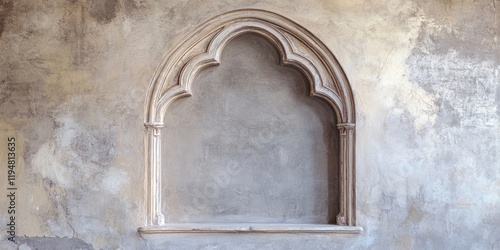 Faux arch design in aged plaster with a stucco frame against a textured gray wall providing ample copy space for signage or text