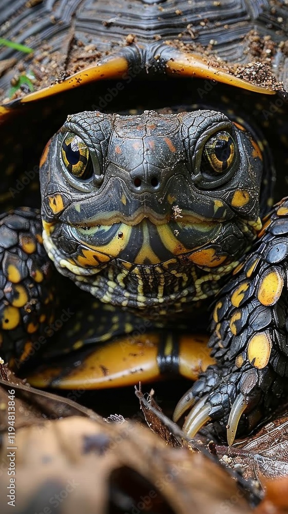 Obraz premium A close-up of an Eastern Box Turtle, with detailed textures of its shell and skin, set against a blurred natural background for advertising or educational content.