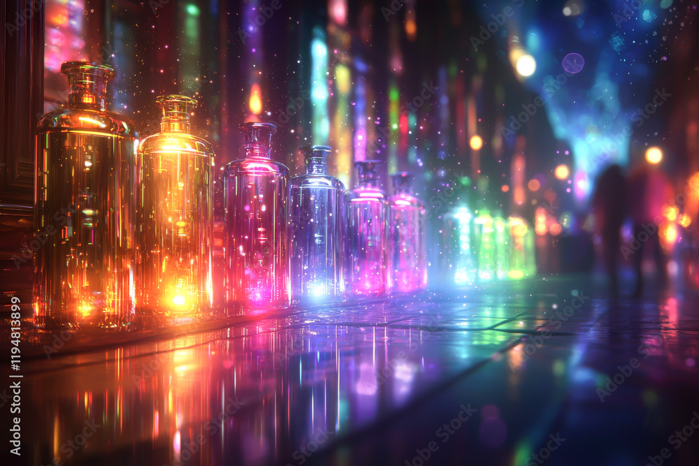 A vibrant display of colorful bottles illuminating a mystical environment. A vibrant display of colorful bottles illuminating a mystical environment.