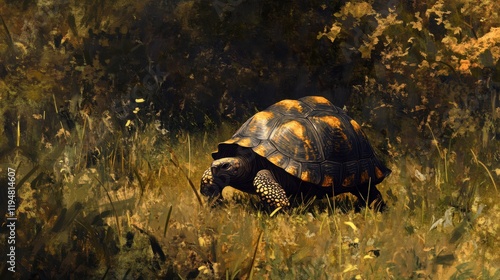 A serene moment of an Indian star tortoise walking slowly through lush grass photo