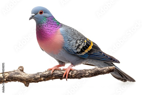 Colorful Pigeon Perched on Branch Vibrant Wildlife Photography for Print Design photo