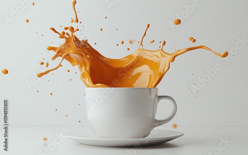 A vibrant flat white floating mid-motion with foam details and dynamic splashes on a clean white surface