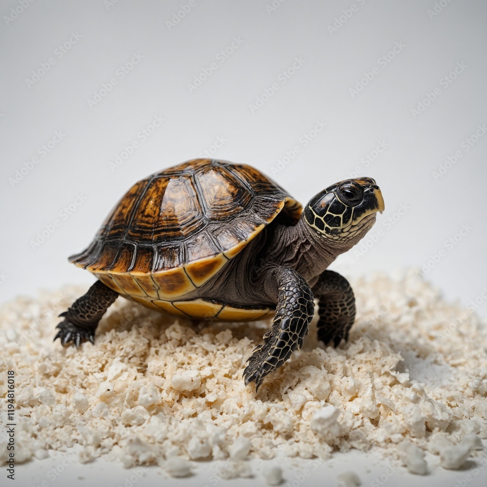 A baby turtle emerging from its egg, white background.
A baby turtle emerging from its egg, white background.