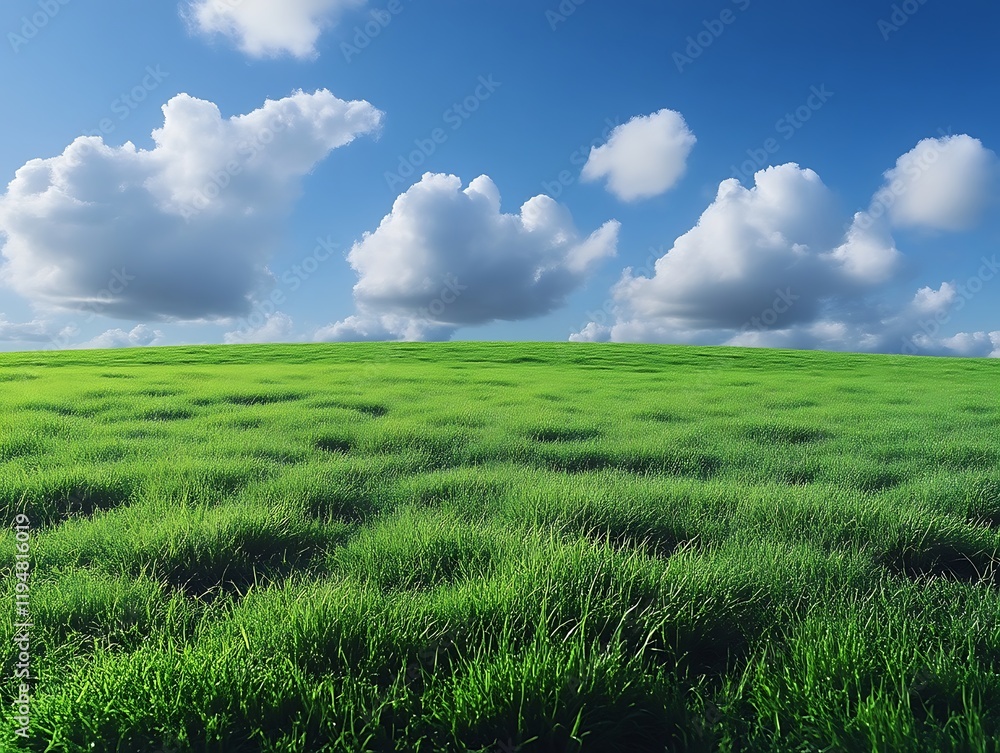 Fototapeta premium Lush green field under a vibrant blue sky with fluffy clouds.