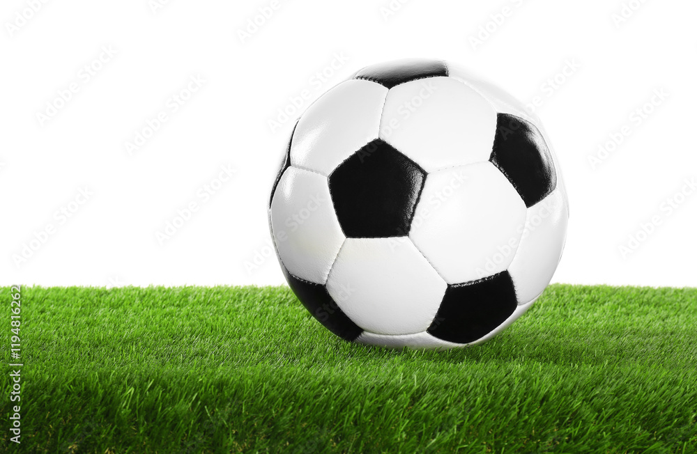 Soccer ball on artificial grass isolated on white. Sport equipment Soccer ball on artificial grass isolated on white. Sport equipment