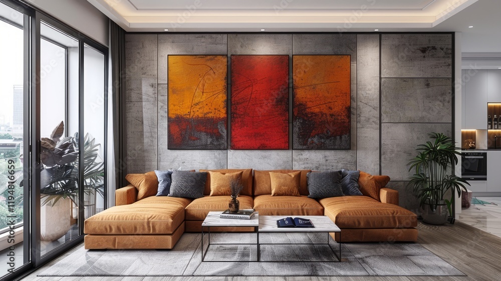 Fototapeta premium Modern apartment living room, sectional sofa, city view, artwork