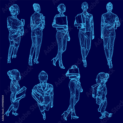 Series of blue figures are shown in various poses, with some holding books and backpacks. Scene is somewhat serious and focused