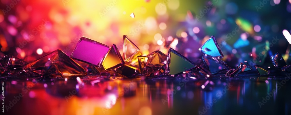 An artistic arrangement of shattered glass reflecting colorful lights, 4k photo. An artistic arrangement of shattered glass reflecting colorful lights, 4k photo.