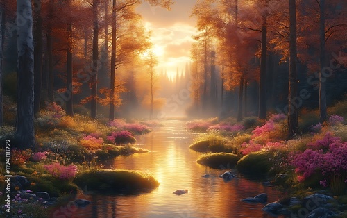 Serene autumn sunset over a tranquil forest stream.