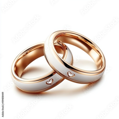 Symbolic wedding rings romantic setting jewelry photography elegant background close-up view love concept, isolated on white background