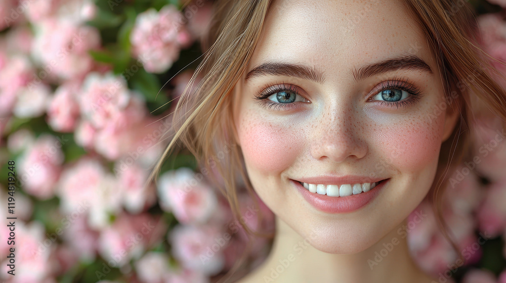 Captivating woman exudes natural beauty with a radiant smile against a backdrop of blooming flowers Captivating woman exudes natural beauty with a radiant smile against a backdrop of blooming flowers
