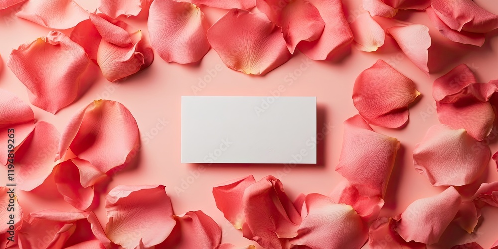 Obraz premium Blank visiting card surrounded by soft pink rose petals on a light pink background creating a romantic and elegant setting for invitations.