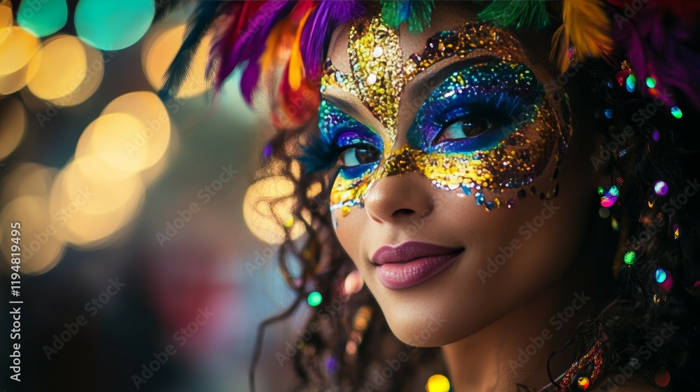 A vibrant portrait of a woman in a glittering feathered carnival mask with a glowing bokeh background A vibrant portrait of a woman in a glittering feathered carnival mask with a glowing bokeh background
