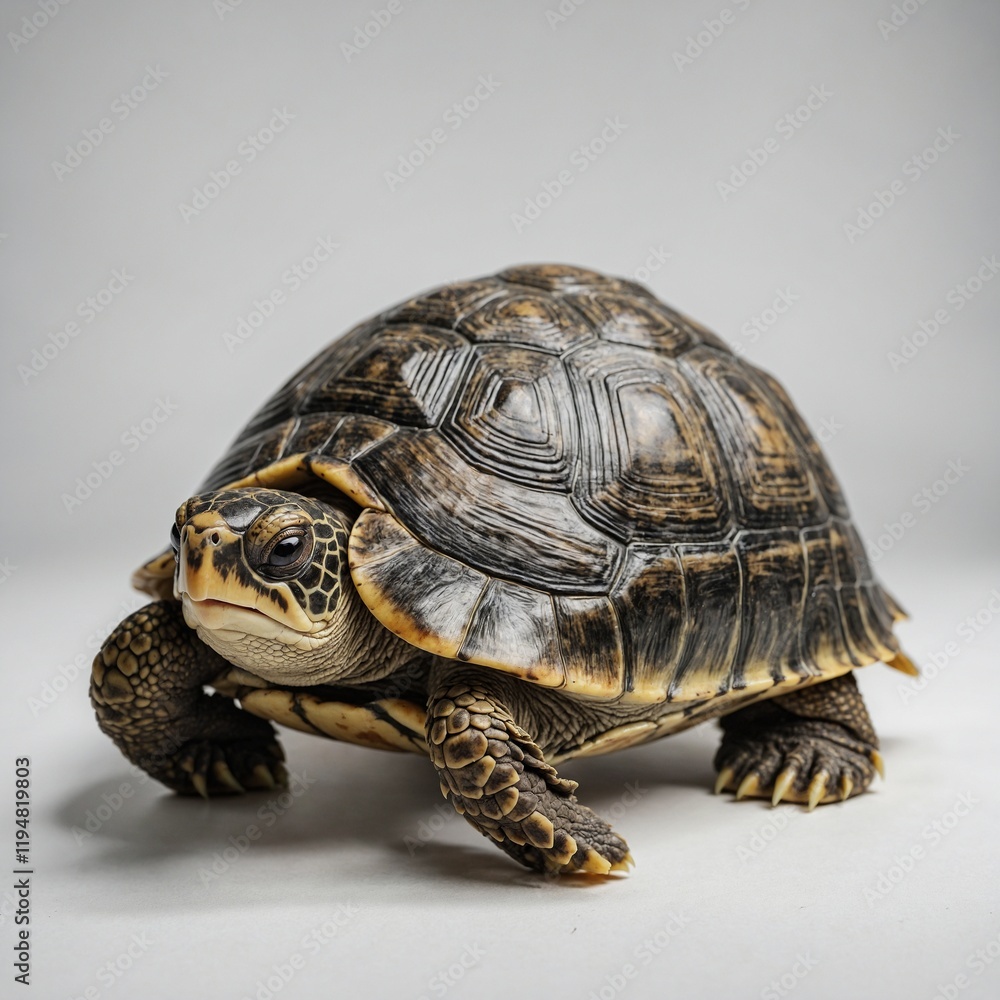 Obraz premium A cartoon turtle with a friendly smile, white background.