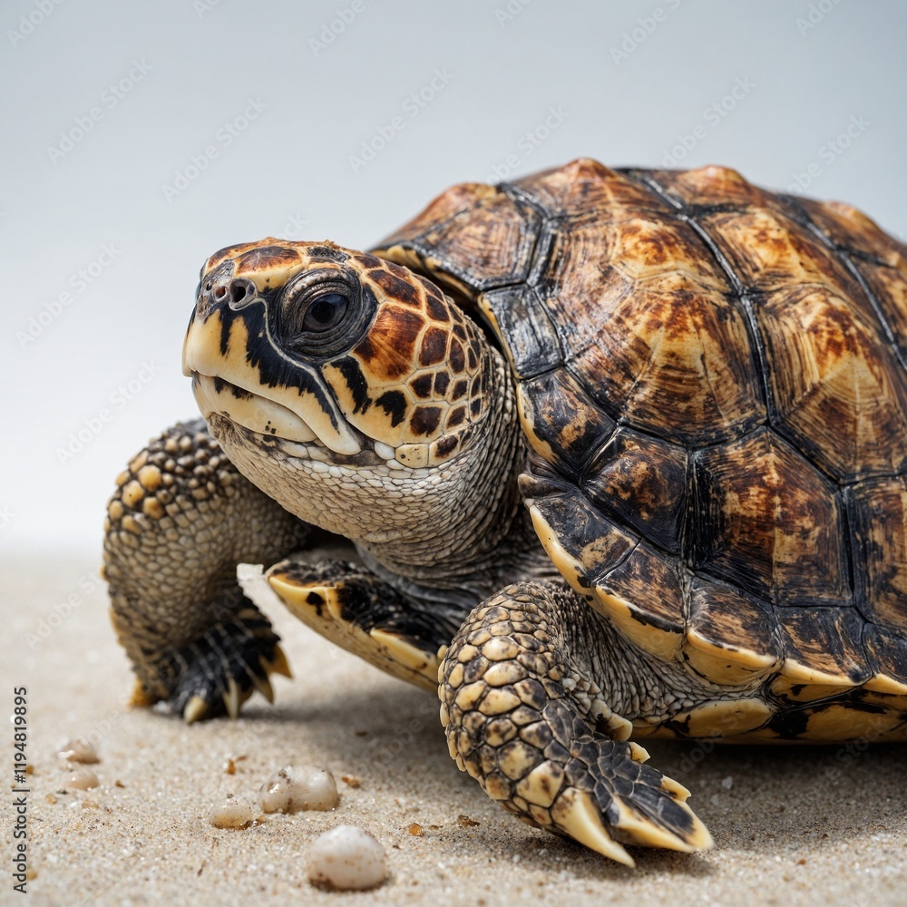 Obraz premium A loggerhead turtle with barnacles on its shell, white background.