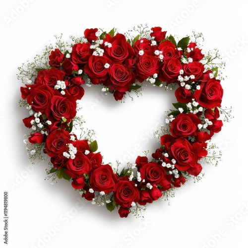 Romantic heart-shaped rose wreath floral arrangement home decor indoor setting close-up view love concept, isolated on white background