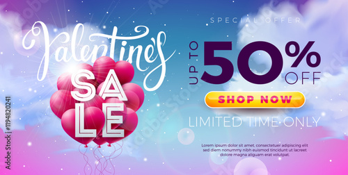 Valentine's Day Sale Banner Design with Red Heart Balloon and Typography Lettering on Cloudy Sky Background. Holiday Vector Business Illustration with Special Offer Elements for Coupon, Voucher, Flyer