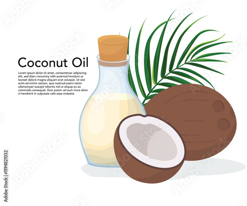 Coconut with coconut oil in glass bottle stock illustration