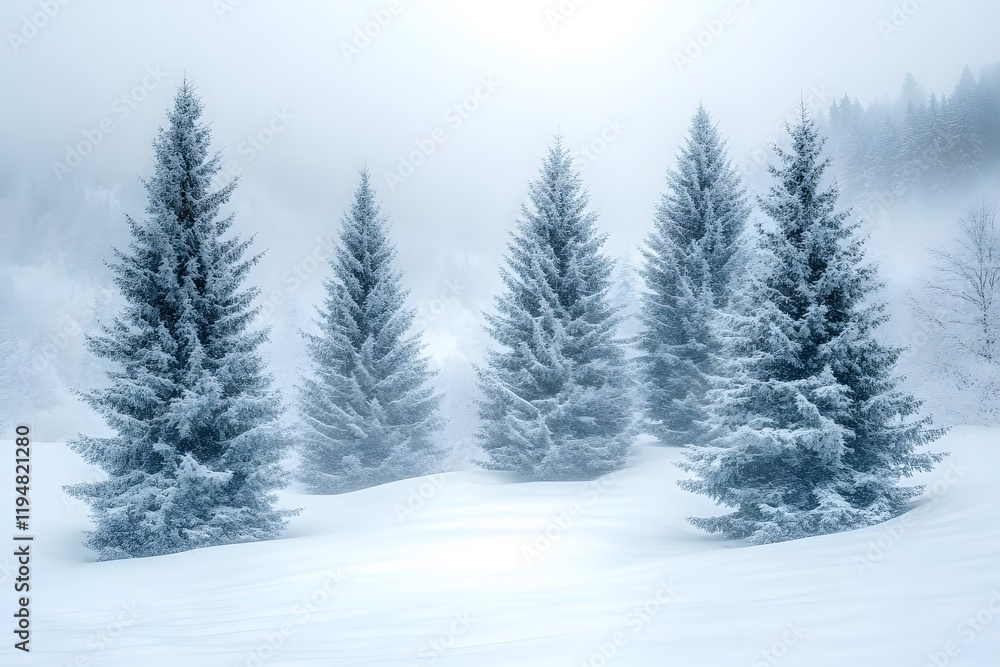 Naklejka premium Winter Wonderland: Serene Snow-Covered Pine Trees in Foggy Landscape for Seasonal Design