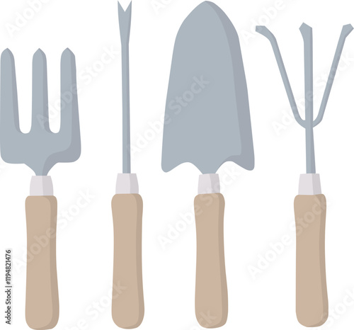 Four essential gardening tools with wooden handles and metal heads: a hand fork, weeder, trowel, and cultivator, ideal for various gardening tasks.