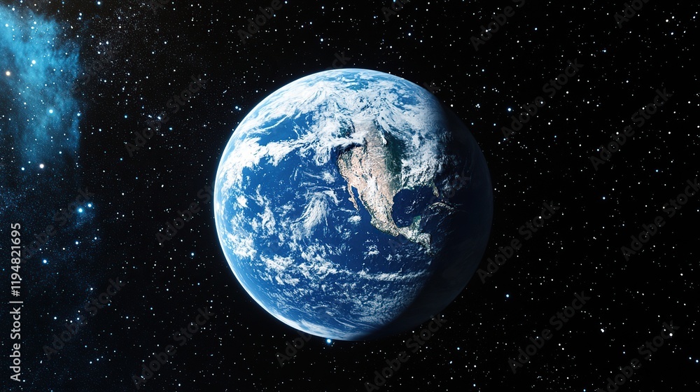 Obraz premium Earth from space, showing North America, clouds, and stars.