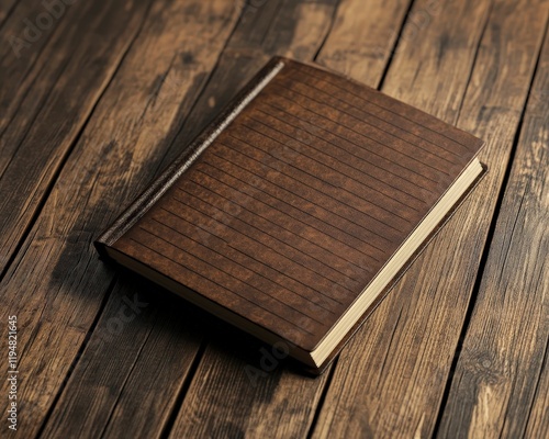 Elegant brown bank ledger on wooden table business document rustic environment close-up view financial concept photo