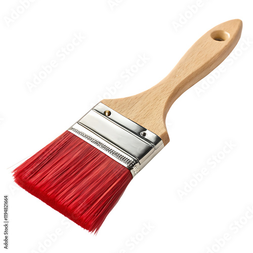 Red Bristle Paint Brush: A close-up shot of a new, red bristle paintbrush with a wooden handle, ready for any project. The brush has a metal ferrule that provides extra durability. photo