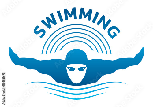Swimming badge, icon or logo with swimmer silhouette. Swim design template. Vector illustration.