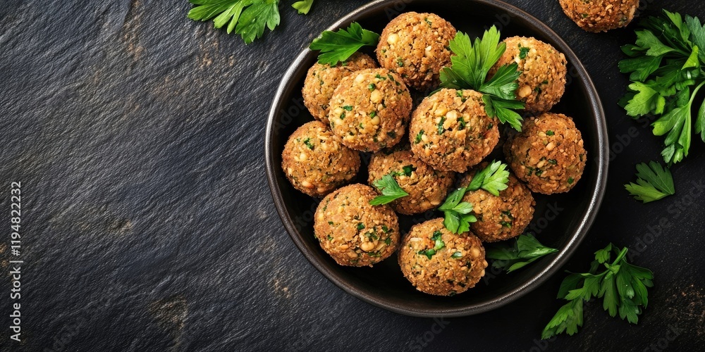 Aerial view of golden brown falafel balls garnished with fresh green parsley in a dark bowl against a textured black slate background Aerial view of golden brown falafel balls garnished with fresh green parsley in a dark bowl against a textured black slate background