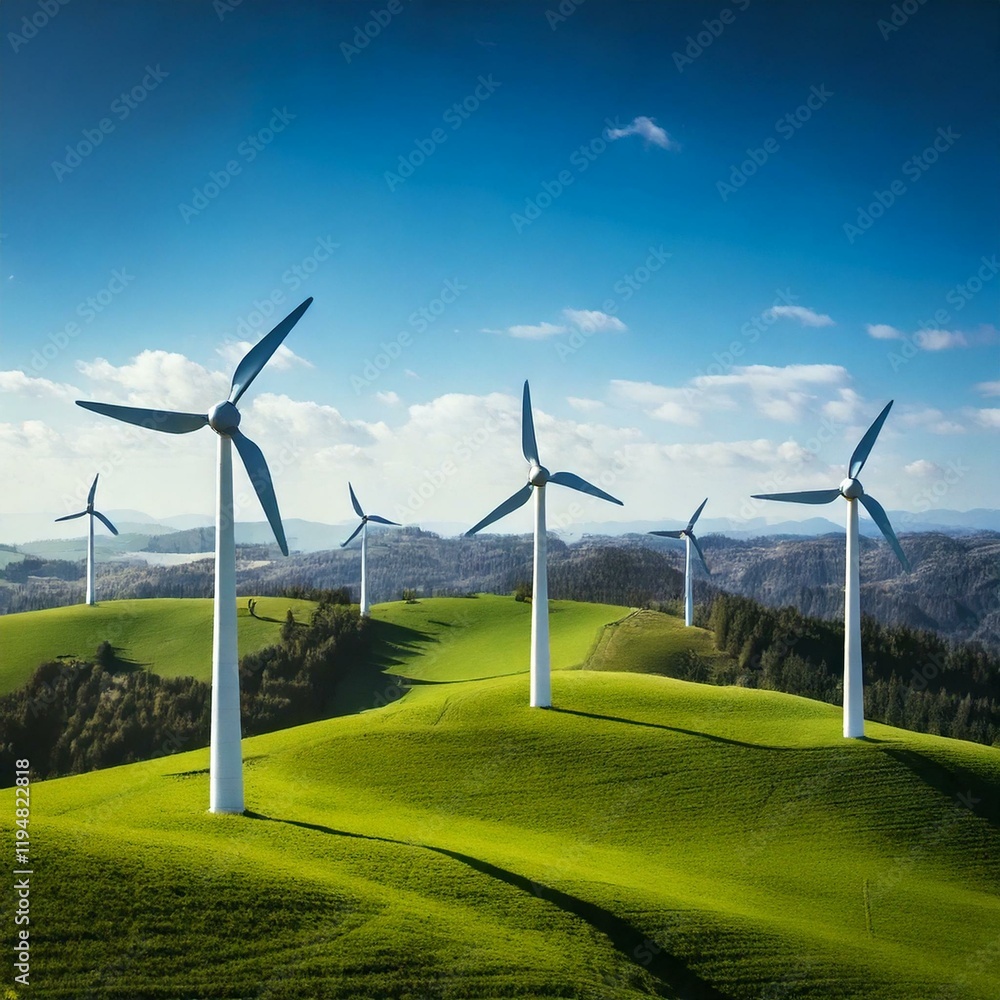 Wind turbines on rolling grassy hills under a vibrant blue sky, capturing the spirit of renewable energy and open landscapes. Wind turbines on rolling grassy hills under a vibrant blue sky, capturing the spirit of renewable energy and open landscapes.