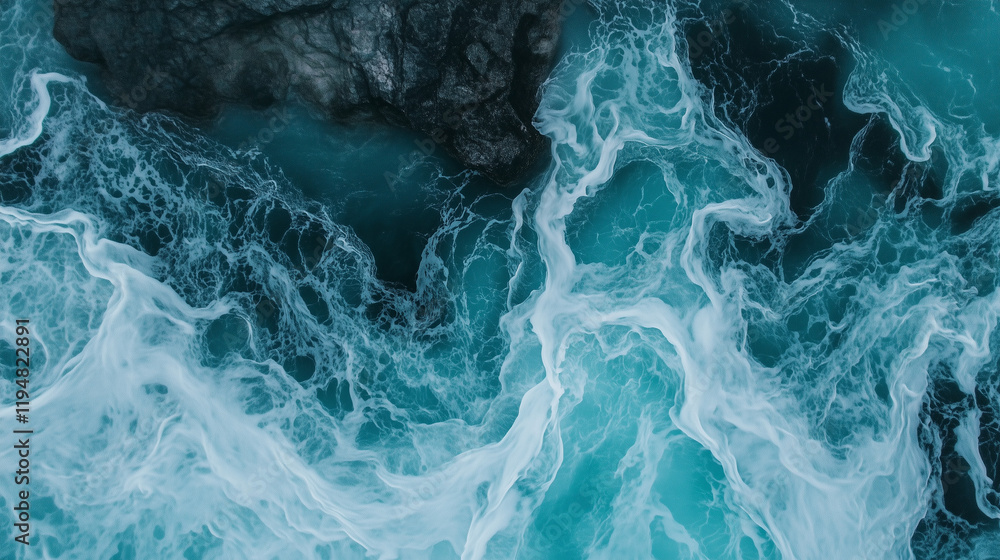 Obraz premium Turbulent blue ocean waves crashing against rocks in a dramatic aerial view