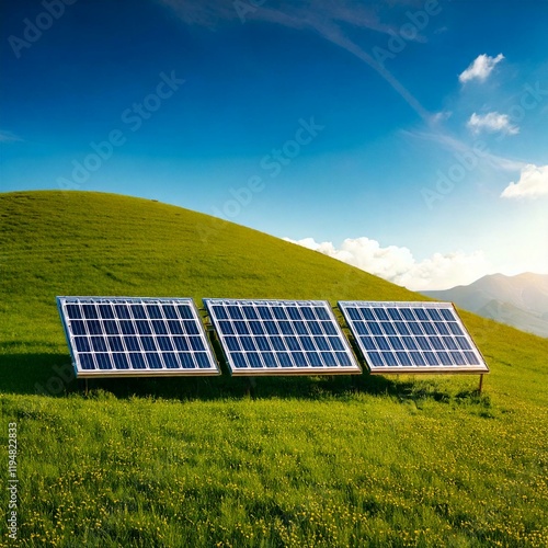  Solar panels soaking sunlight on a rolling hill, a commitment to sustainable power and eco-friendly technology. photo