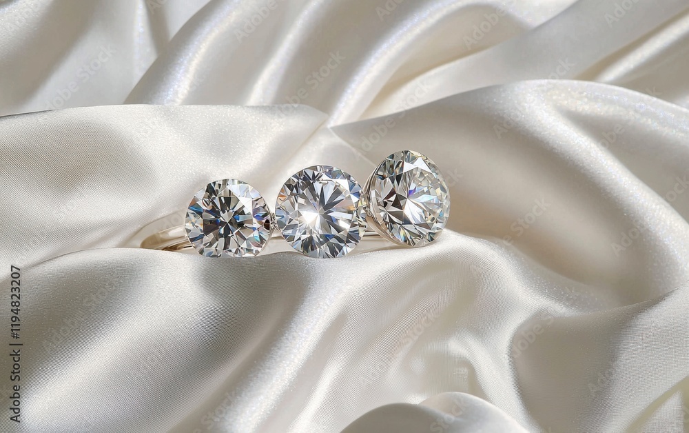 A three-stone diamond ring symbolizing past, present, and future, with a radiant sparkle on a white silk fabric A three-stone diamond ring symbolizing past, present, and future, with a radiant sparkle on a white silk fabric