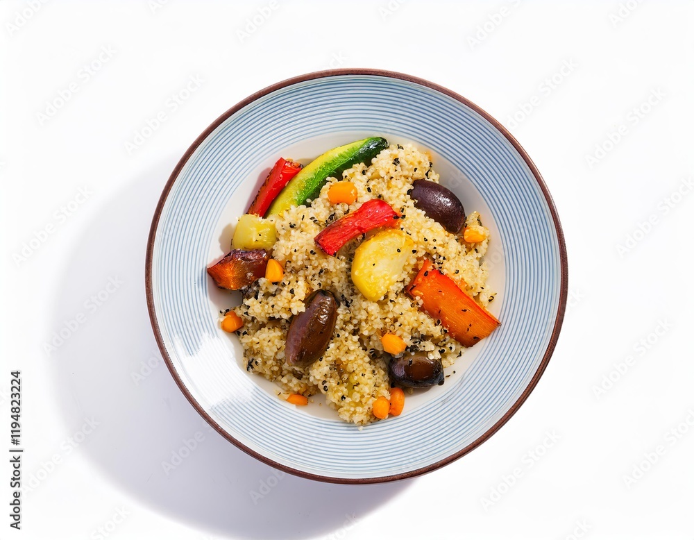 Quinoa salad with roasted vegetables and black olives, healthy vegetarian food Quinoa salad with roasted vegetables and black olives, healthy vegetarian food