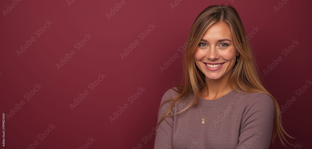 Obraz premium Happy blonde woman in sweater on dark red background