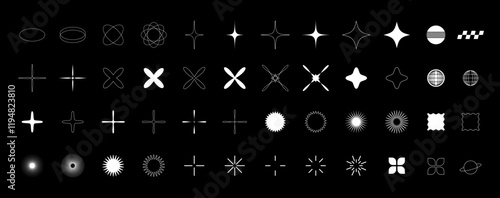 A collection of sleek and modern black-and-white Y2K and futuristic symbols