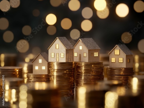 Wallpaper Mural Surreal cityscape of floating houses above shimmering gold coins enigmatic fantasy urban environment captivating perspective Torontodigital.ca