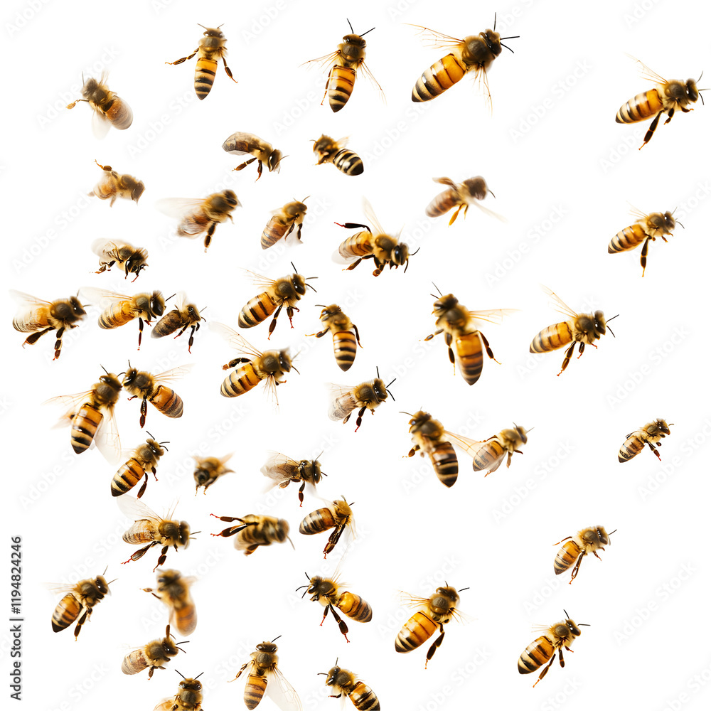 Honeybees in Flight, Isolated on White Background Honeybees in Flight, Isolated on White Background