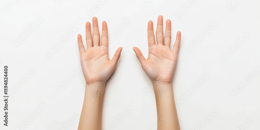 Hands positioned palms up on a clean white background, showcasing eight fingers with soft skin tones reflecting natural lighting and gentle shadowing. Hands positioned palms up on a clean white background, showcasing eight fingers with soft skin tones reflecting natural lighting and gentle shadowing.