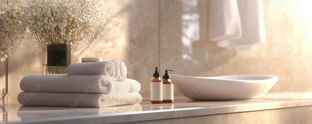 A luxurious bathroom setup featuring premium soap and towels with a serene ambiance, 4k photo. A luxurious bathroom setup featuring premium soap and towels with a serene ambiance, 4k photo.