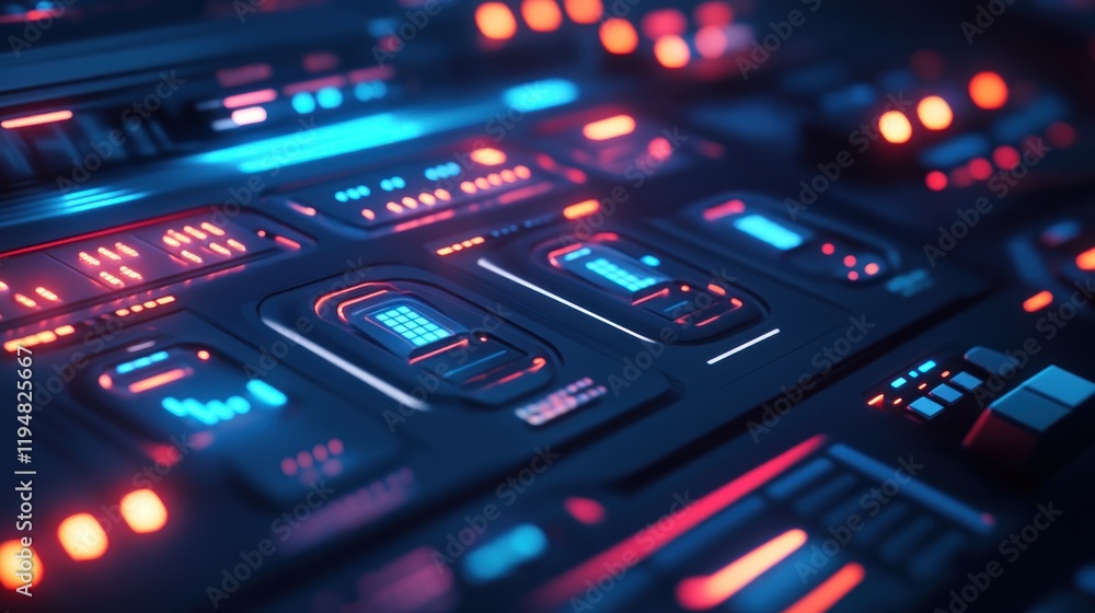 Futuristic Control Panel with Glowing Neon Lights in High-Technology Setting Futuristic Control Panel with Glowing Neon Lights in High-Technology Setting