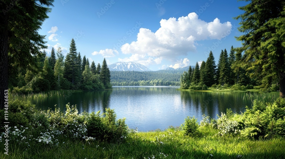 Fototapeta premium Serene lake surrounded by lush greenery and mountains in the background.